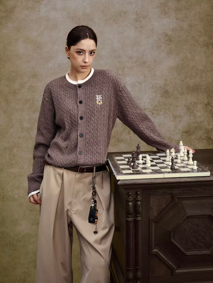 YADcrew Cable Knit Crew Neck Cardigan
