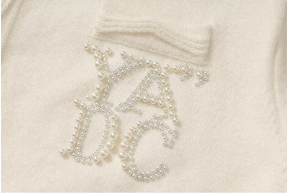 YADcrew Pearl Embellished Jacquard Knit Crew Neck Cardigan