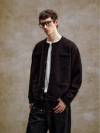 YADcrew Pearl Embellished Jacquard Knit Crew Neck Cardigan