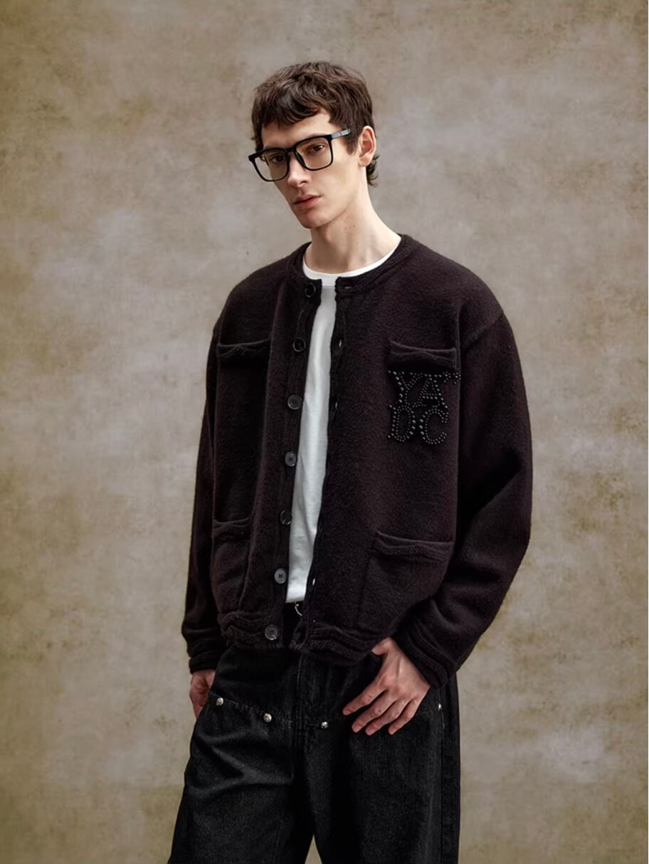 YADcrew Pearl Embellished Jacquard Knit Crew Neck Cardigan