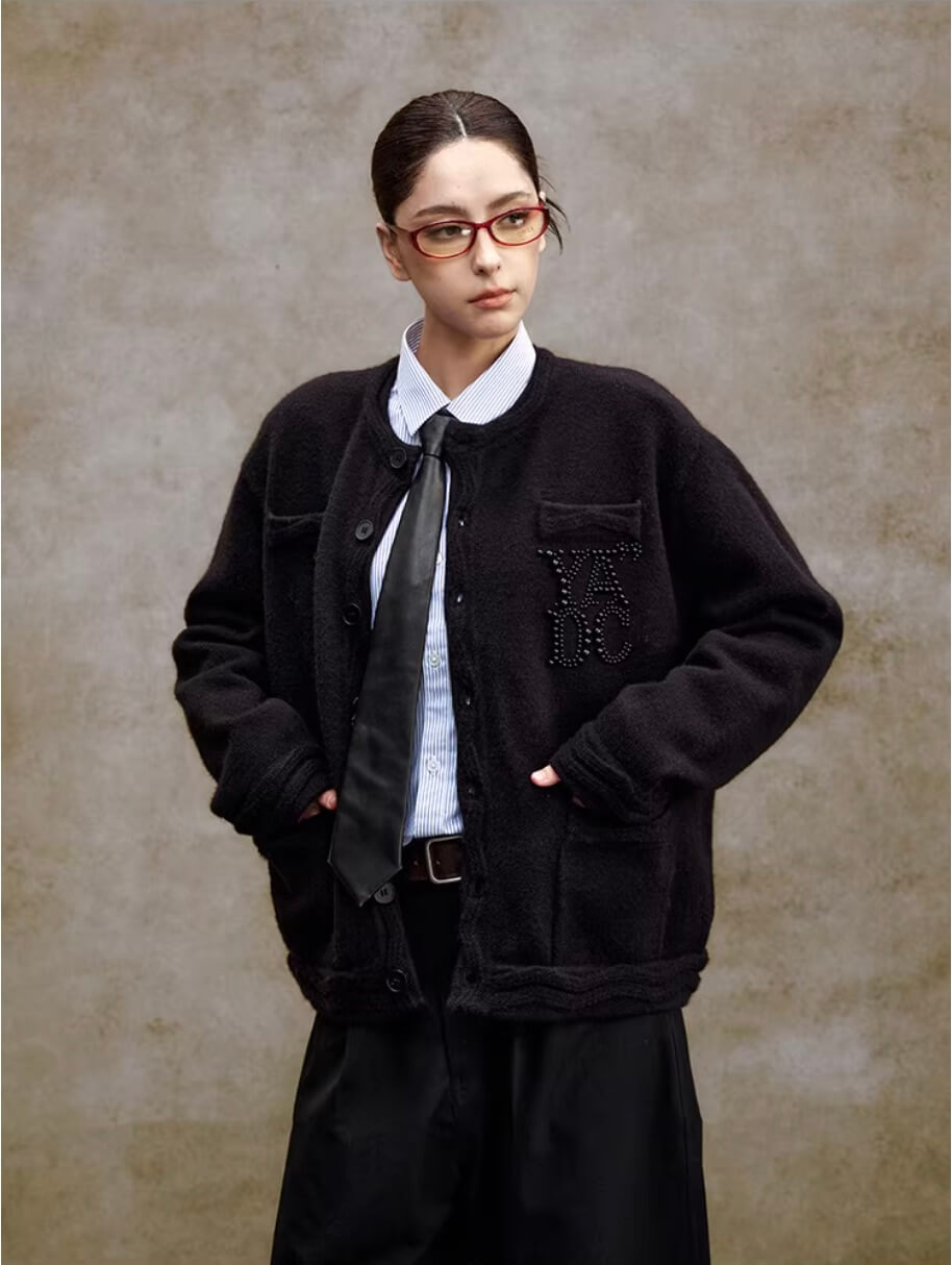 YADcrew Pearl Embellished Jacquard Knit Crew Neck Cardigan