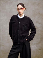 YADcrew Pearl Embellished Jacquard Knit Crew Neck Cardigan