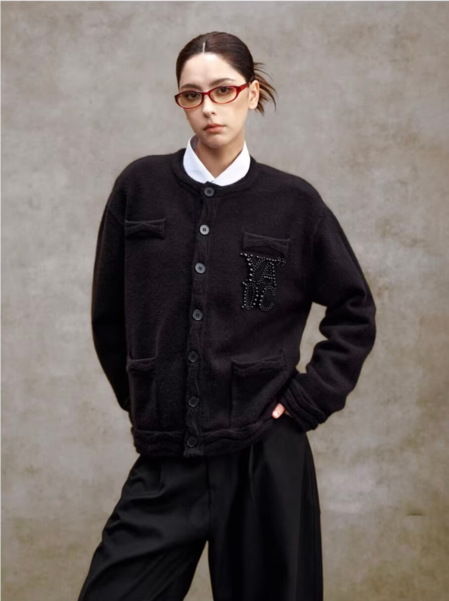 YADcrew Pearl Embellished Jacquard Knit Crew Neck Cardigan