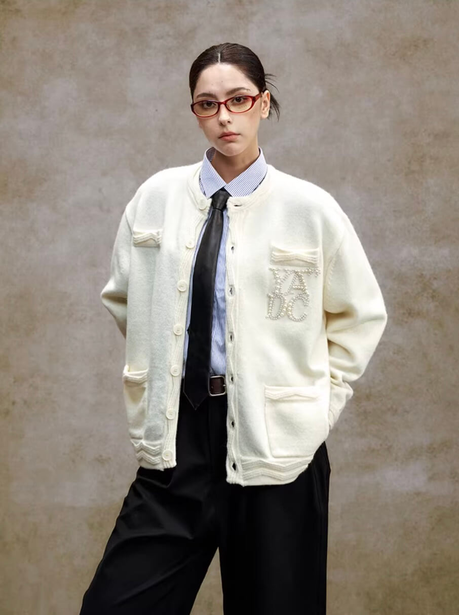 YADcrew Pearl Embellished Jacquard Knit Crew Neck Cardigan