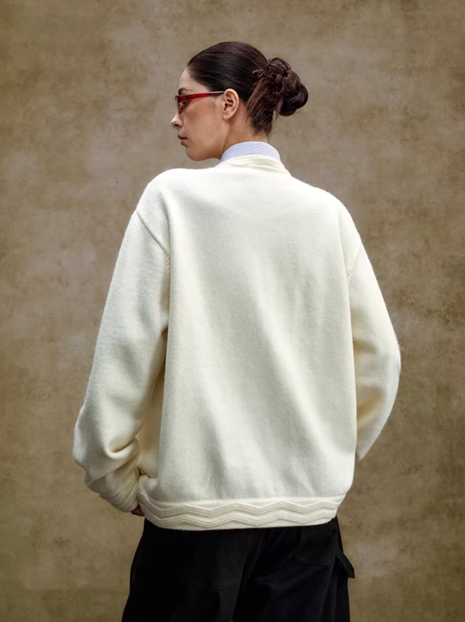 YADcrew Pearl Embellished Jacquard Knit Crew Neck Cardigan