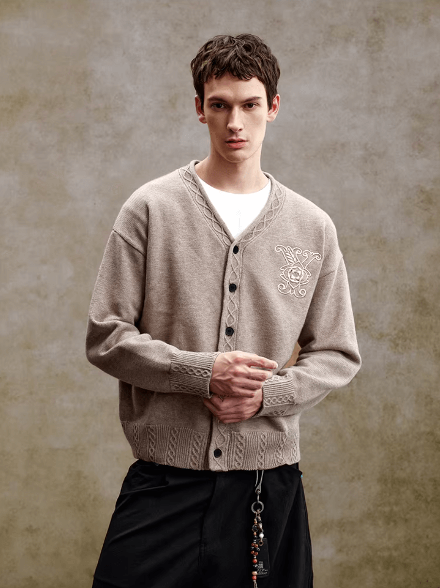 YADcrew Cable Rib V Neck Embroidered Knit Cardigan