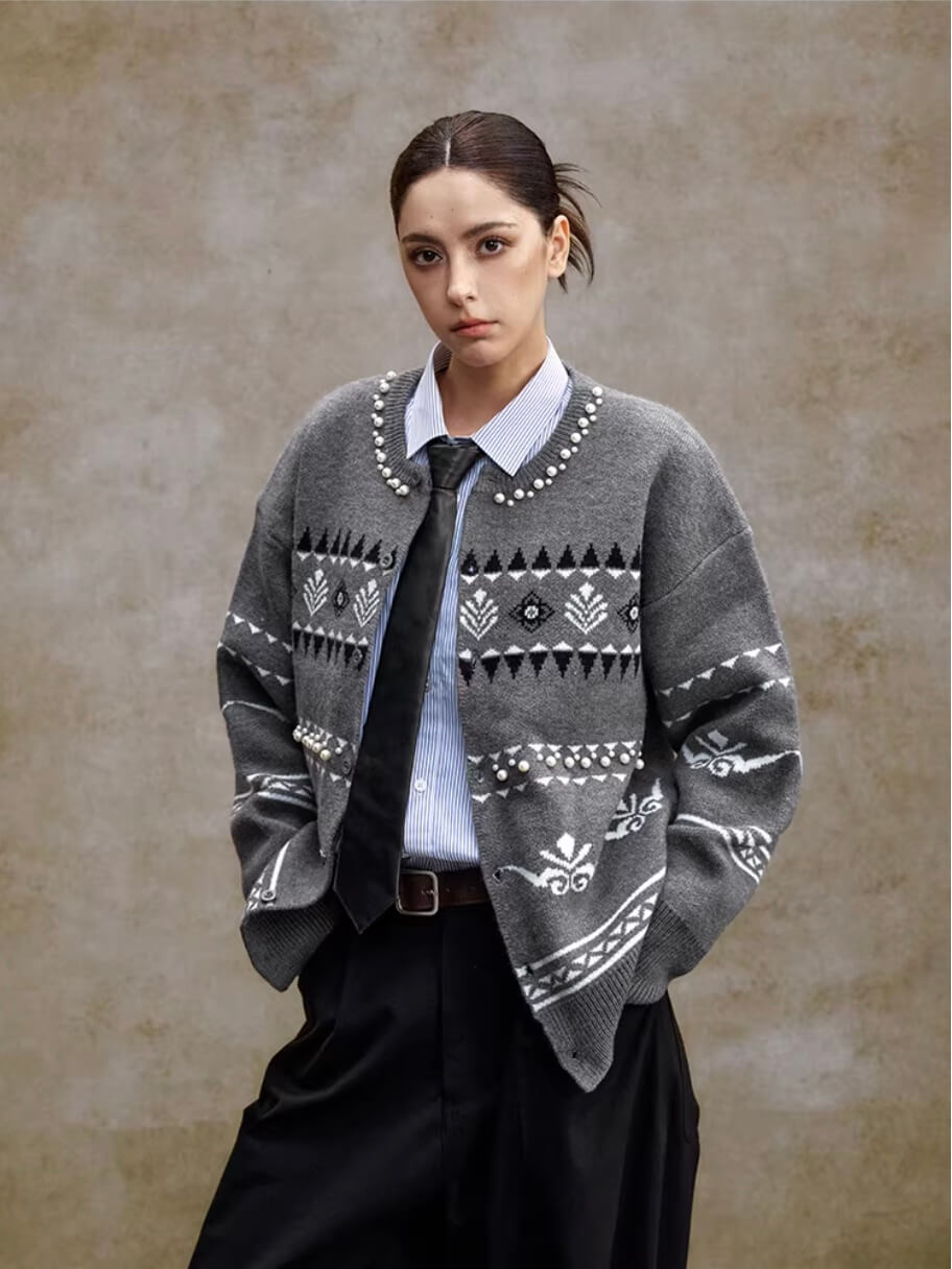 YADcrew Pearl Embellished Fair Isle Knit Crew Neck Cardigan