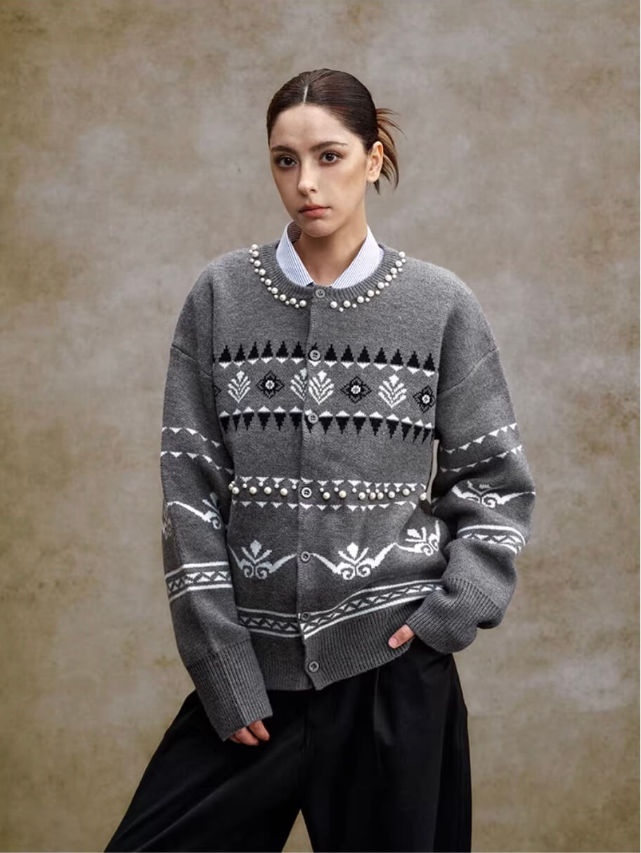 YADcrew Pearl Embellished Fair Isle Knit Crew Neck Cardigan