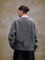 YADcrew Pearl Embellished Fair Isle Knit Crew Neck Cardigan