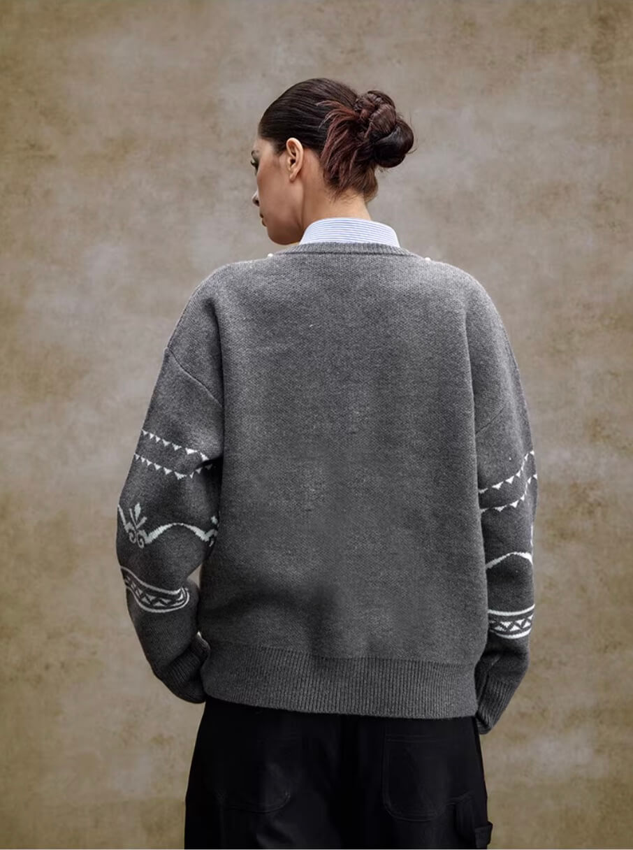 YADcrew Pearl Embellished Fair Isle Knit Crew Neck Cardigan
