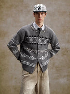 YADcrew Pearl Embellished Fair Isle Knit Crew Neck Cardigan