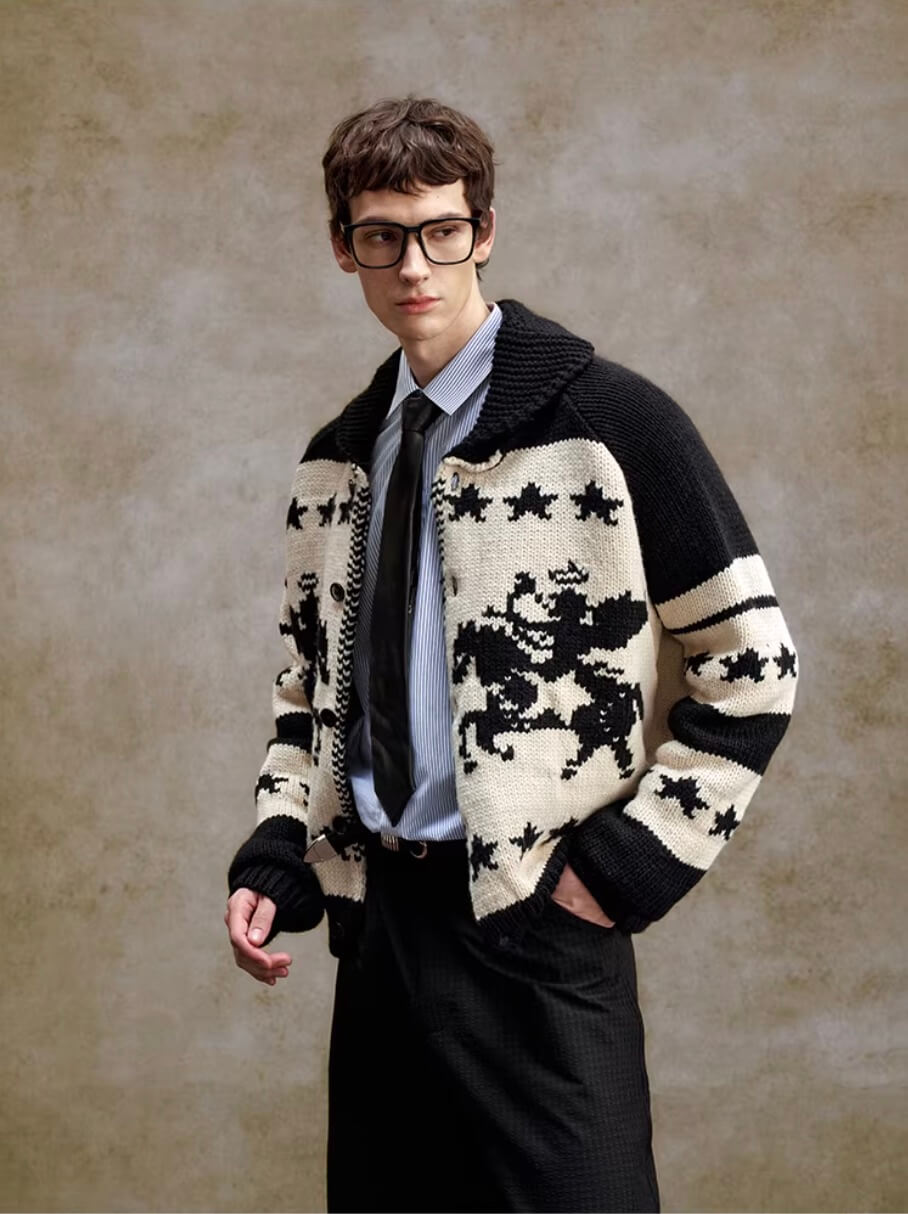 YADcrew Star Horse Angel Jacquard Knit Cowichan Cardigan