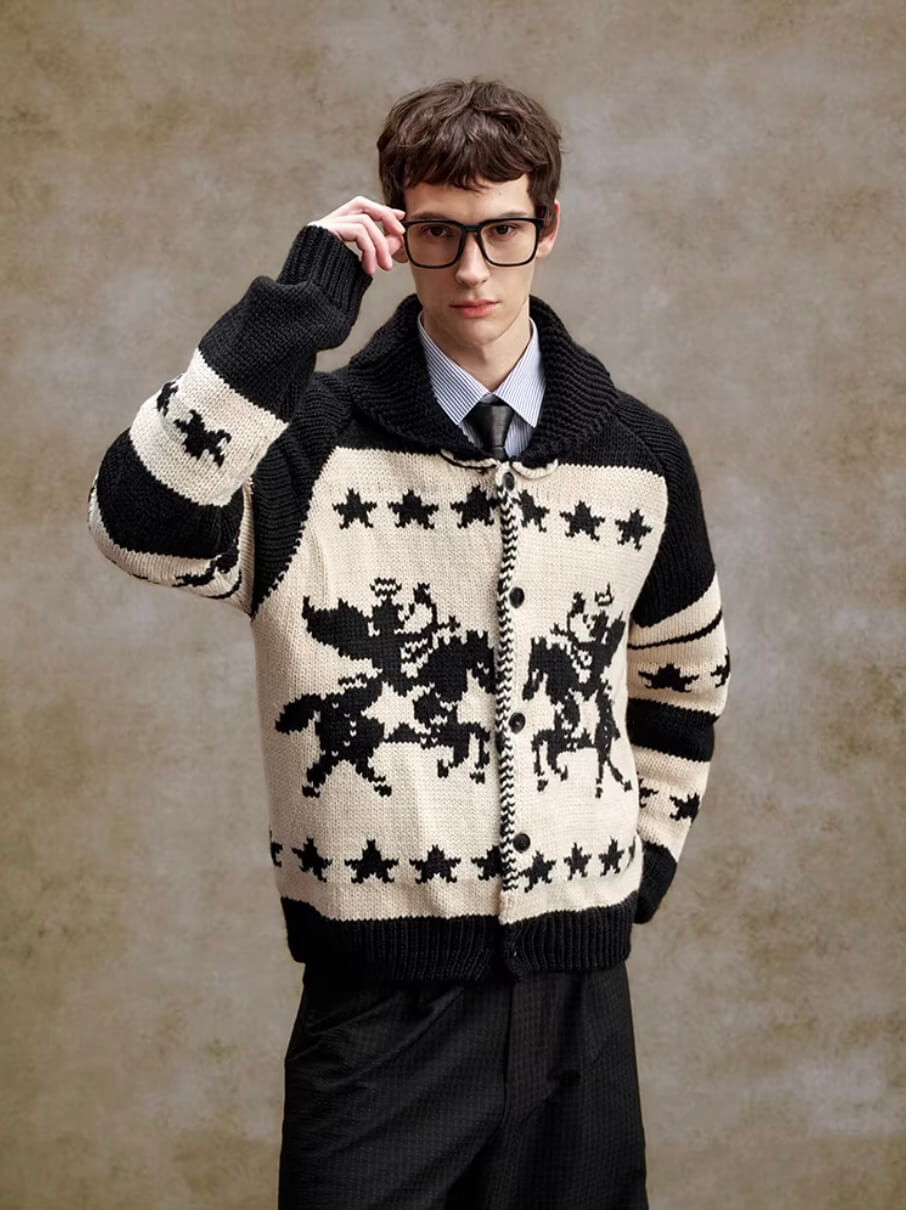 YADcrew Star Horse Angel Jacquard Knit Cowichan Cardigan