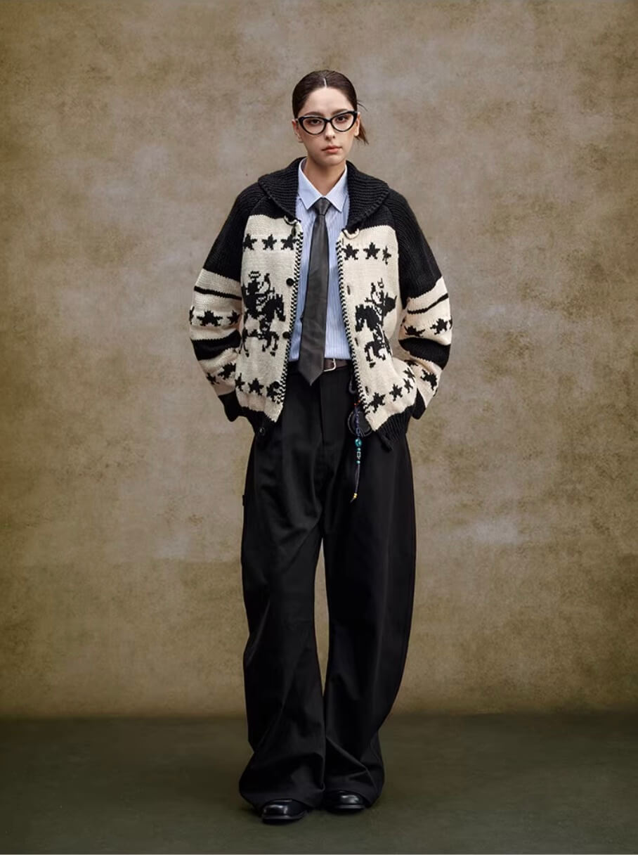 YADcrew Star Horse Angel Jacquard Knit Cowichan Cardigan