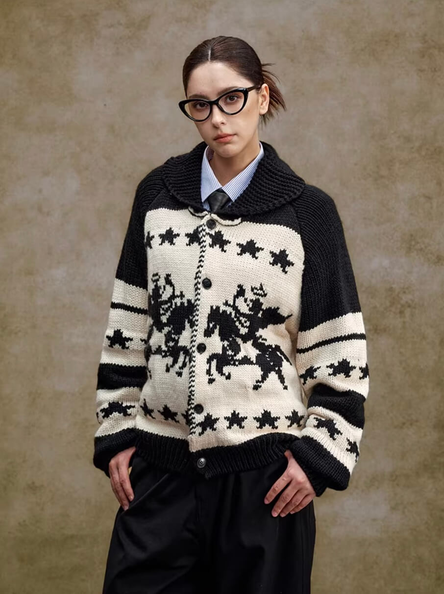 YADcrew Star Horse Angel Jacquard Knit Cowichan Cardigan