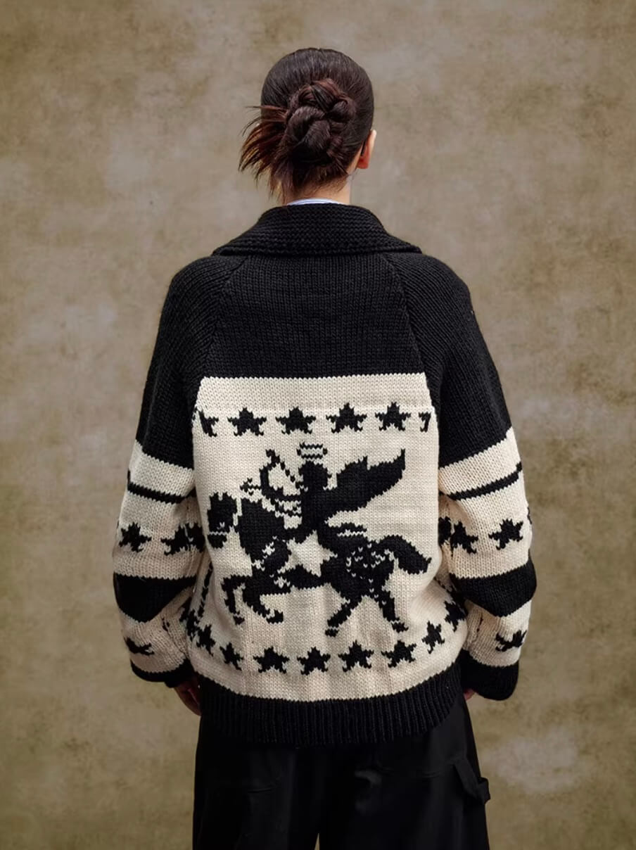 YADcrew Star Horse Angel Jacquard Knit Cowichan Cardigan