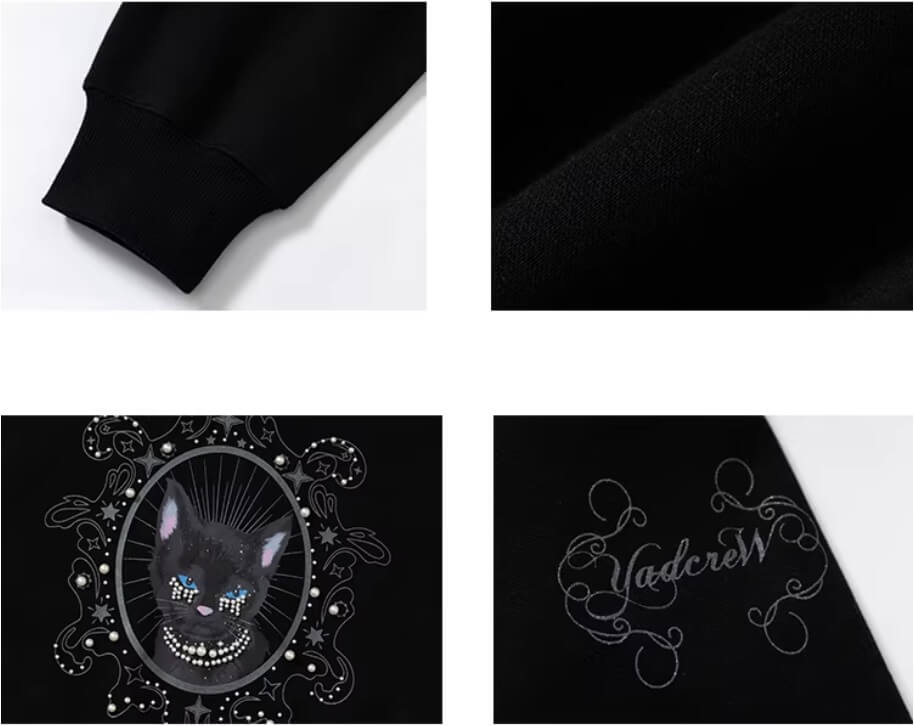 YADcrew Black Cat Print Pearl Hoodie