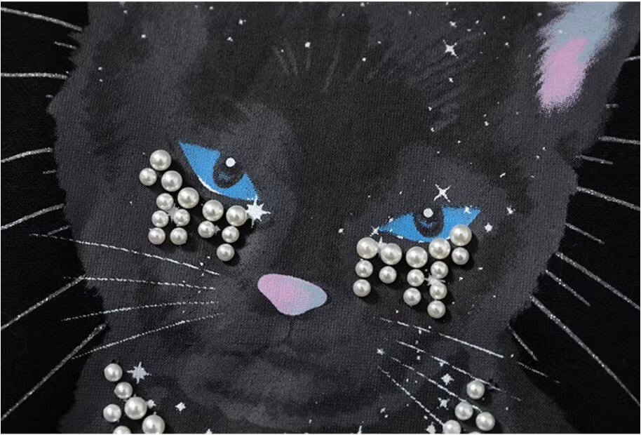 YADcrew Black Cat Print Pearl Hoodie