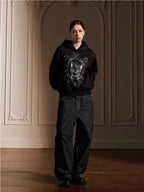 YADcrew Black Cat Print Pearl Hoodie