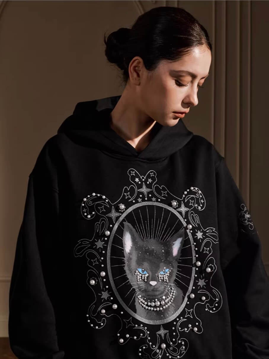 YADcrew Black Cat Print Pearl Hoodie