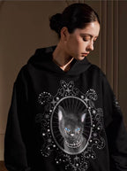 YADcrew Black Cat Print Pearl Hoodie
