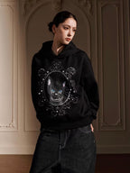 YADcrew Black Cat Print Pearl Hoodie