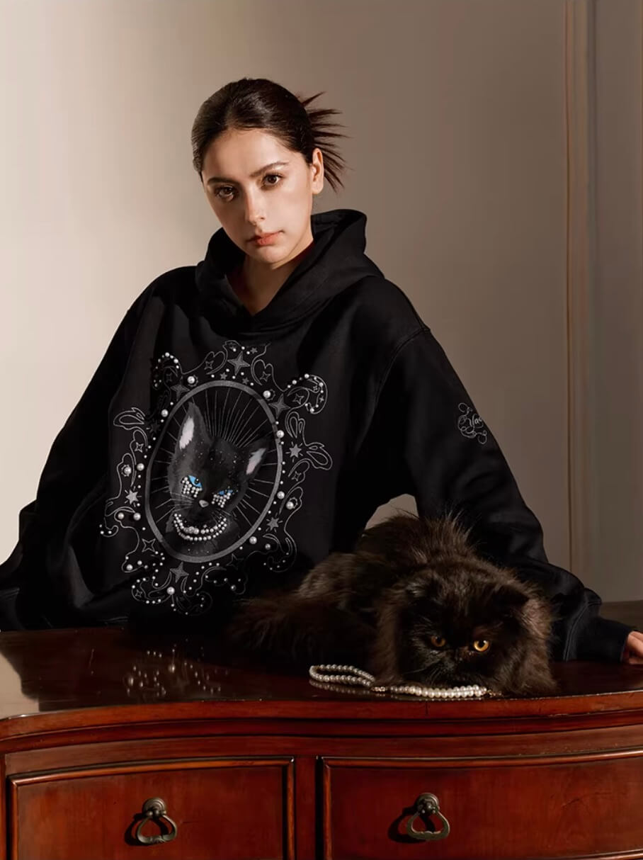 YADcrew Black Cat Print Pearl Hoodie