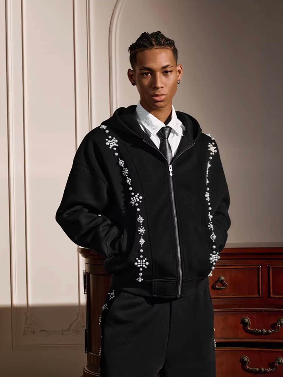 YADcrew Star Track Pearl Zip Up Hoodie