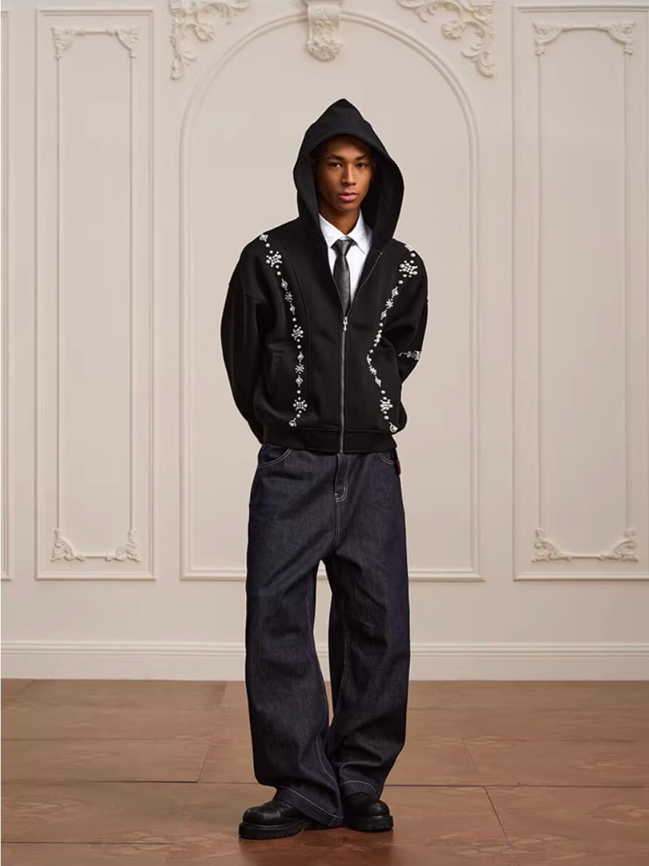 YADcrew Star Track Pearl Zip Up Hoodie