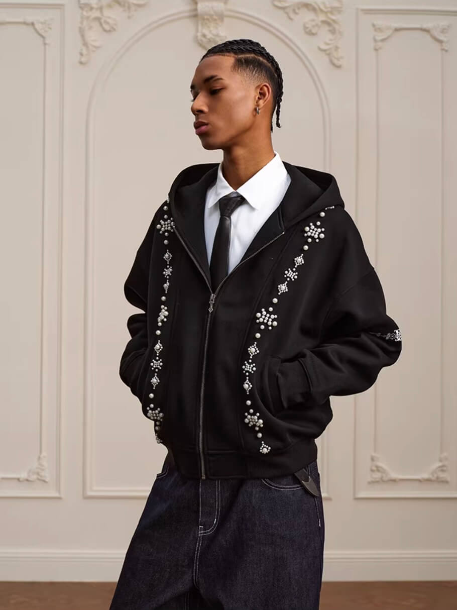 YADcrew Star Track Pearl Zip Up Hoodie