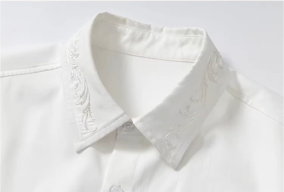 YADcrew Embroidered Lapel Button Up Long Sleeve Shirt