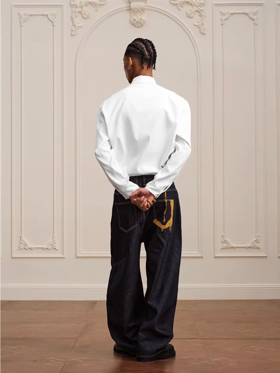 YADcrew Embroidered Lapel Button Up Long Sleeve Shirt
