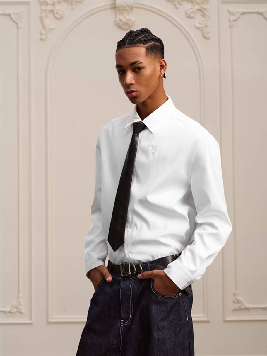 YADcrew Embroidered Lapel Button Up Long Sleeve Shirt