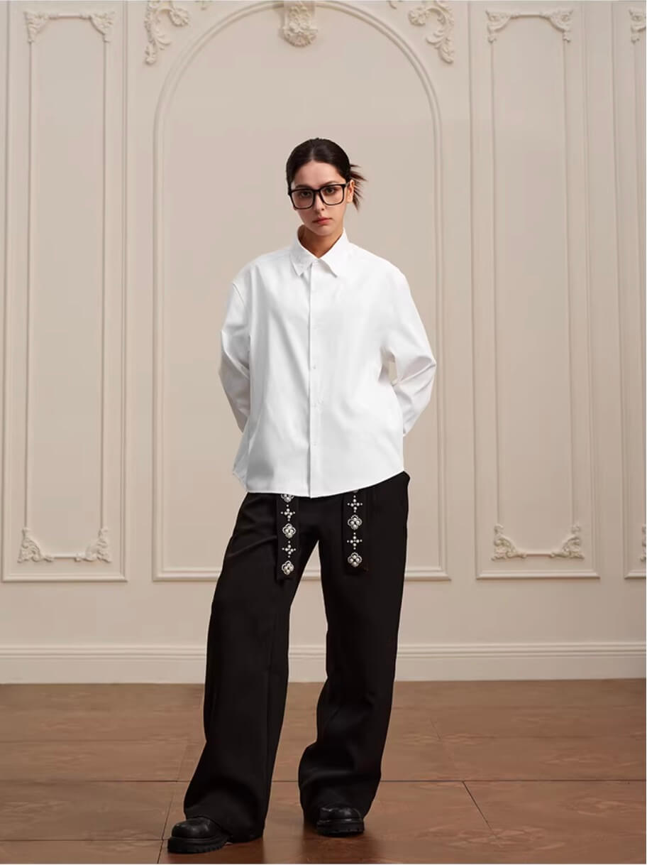 YADcrew Embroidered Lapel Button Up Long Sleeve Shirt