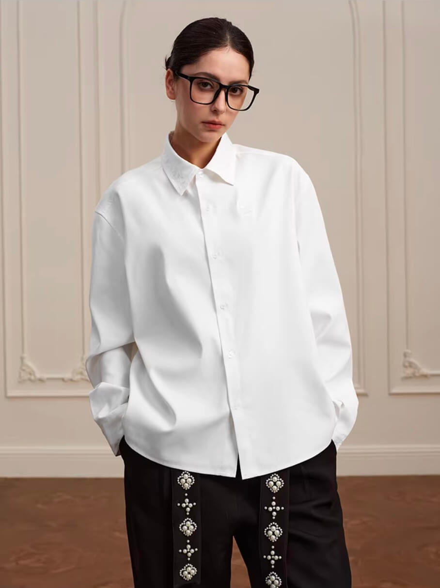 YADcrew Embroidered Lapel Button Up Long Sleeve Shirt