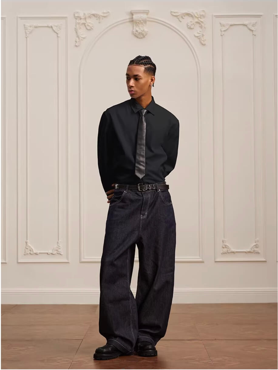 YADcrew Embroidered Lapel Button Up Long Sleeve Shirt
