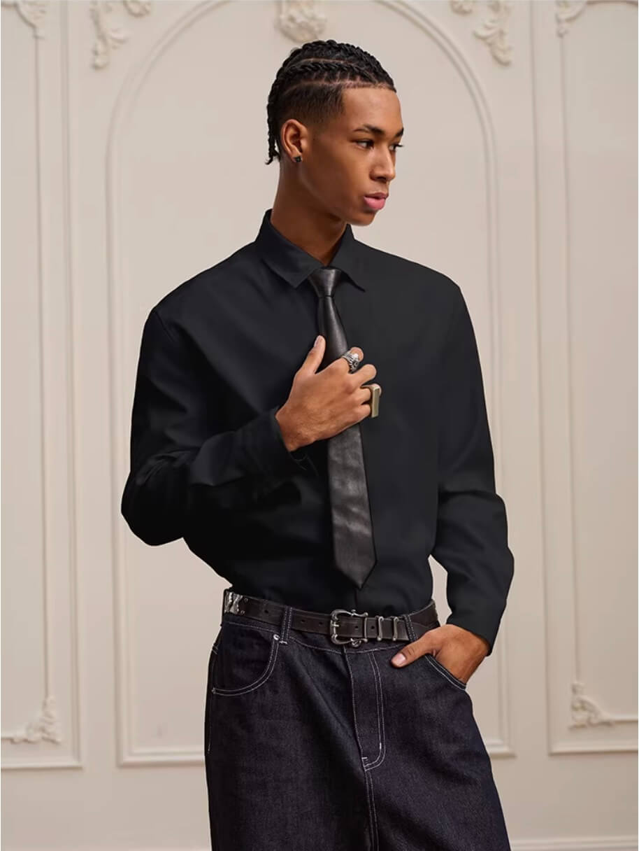 YADcrew Embroidered Lapel Button Up Long Sleeve Shirt