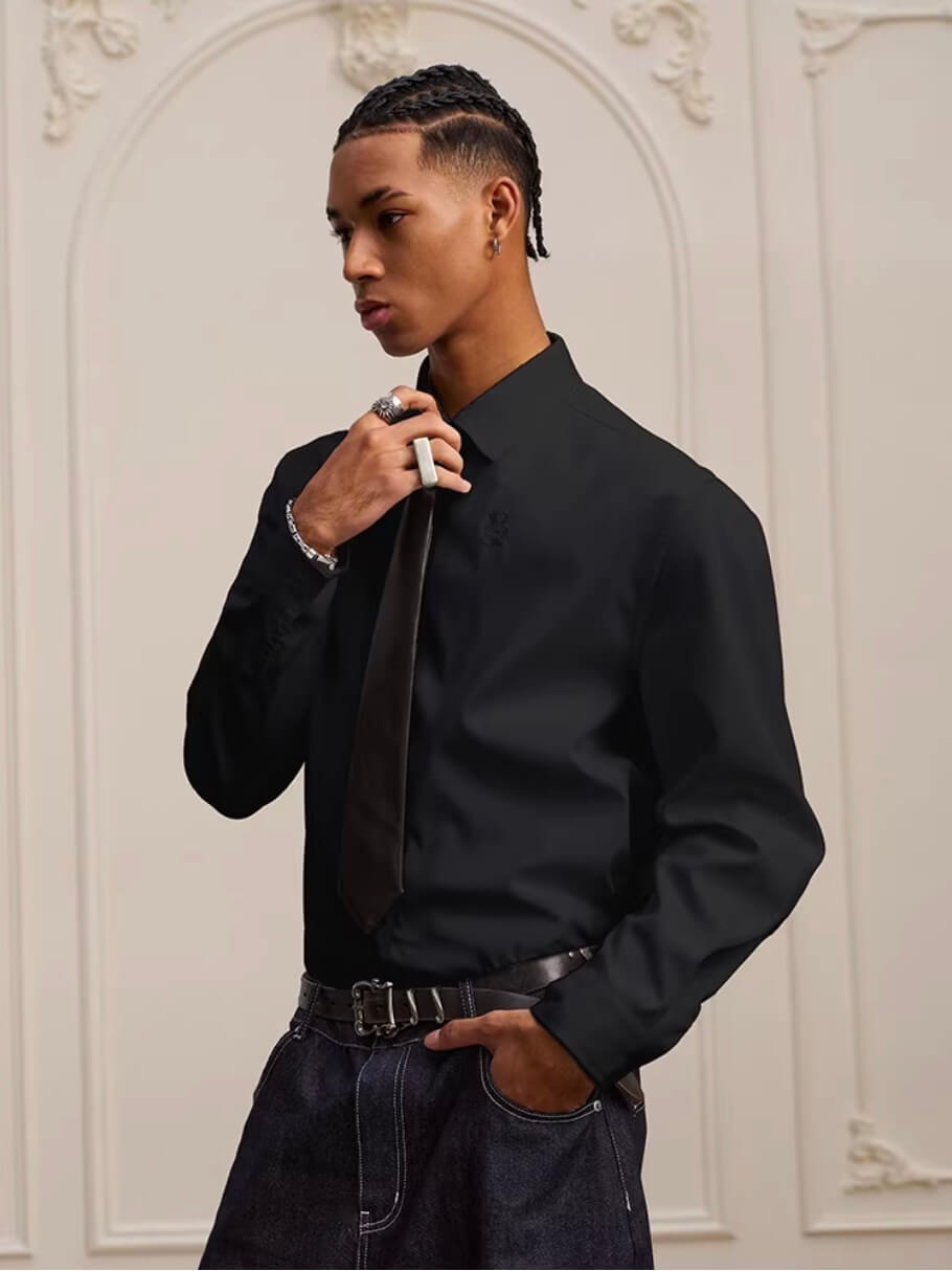 YADcrew Embroidered Lapel Button Up Long Sleeve Shirt