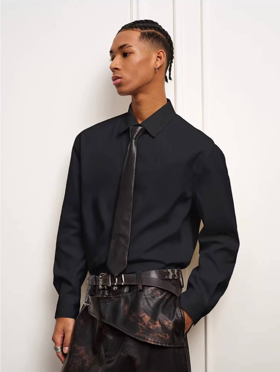 YADcrew Embroidered Lapel Button Up Long Sleeve Shirt