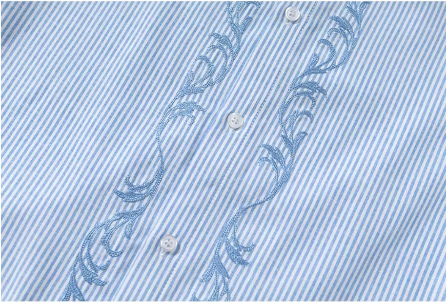 YADcrew Striped Embroidered Placket Button Up Long Sleeve Shirt