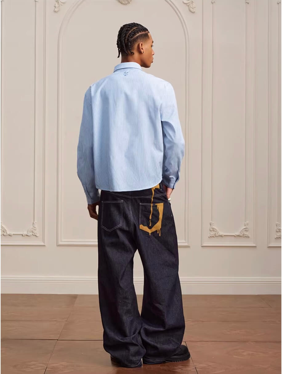 YADcrew Striped Embroidered Placket Button Up Long Sleeve Shirt