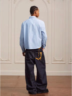 YADcrew Striped Embroidered Placket Button Up Long Sleeve Shirt
