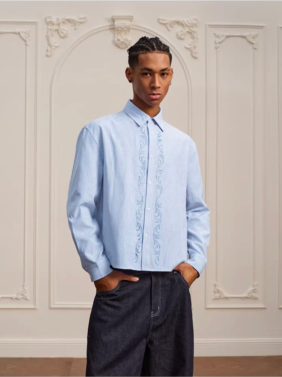 YADcrew Striped Embroidered Placket Button Up Long Sleeve Shirt