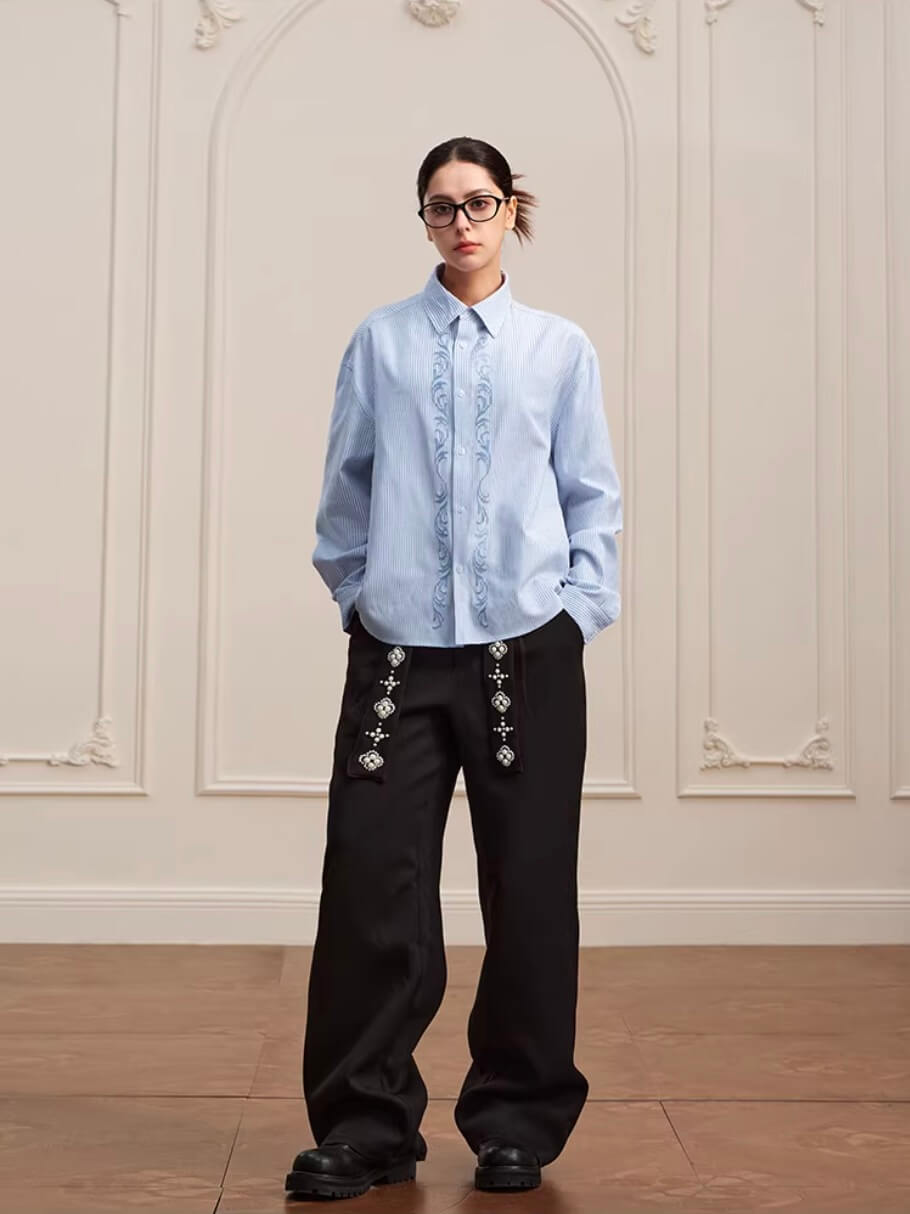 YADcrew Striped Embroidered Placket Button Up Long Sleeve Shirt