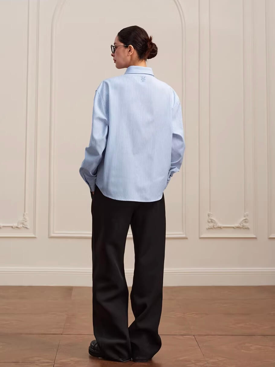 YADcrew Striped Embroidered Placket Button Up Long Sleeve Shirt