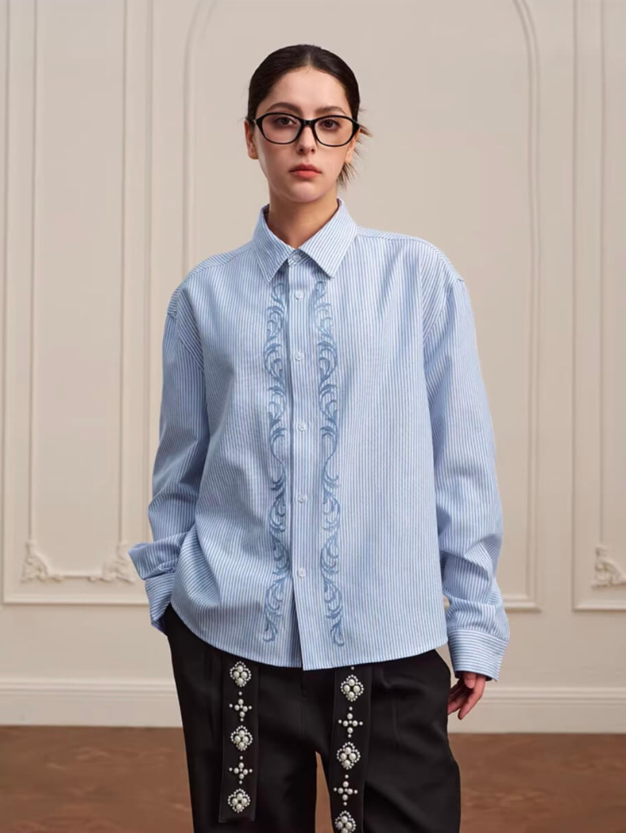 YADcrew Striped Embroidered Placket Button Up Long Sleeve Shirt