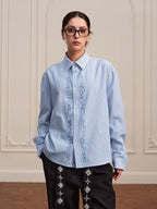 YADcrew Striped Embroidered Placket Button Up Long Sleeve Shirt