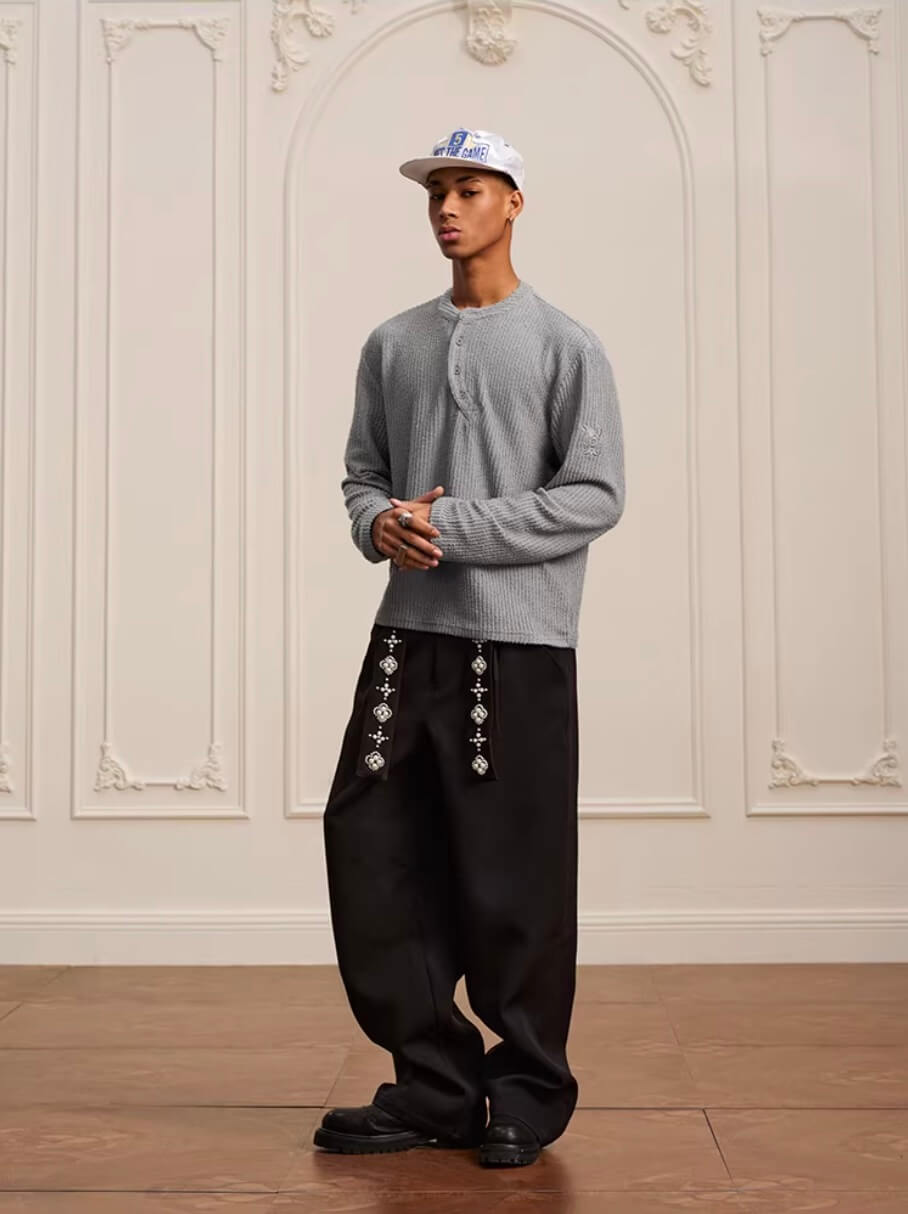 YADcrew Twisted Henley Pinstripe Long Sleeve Tee
