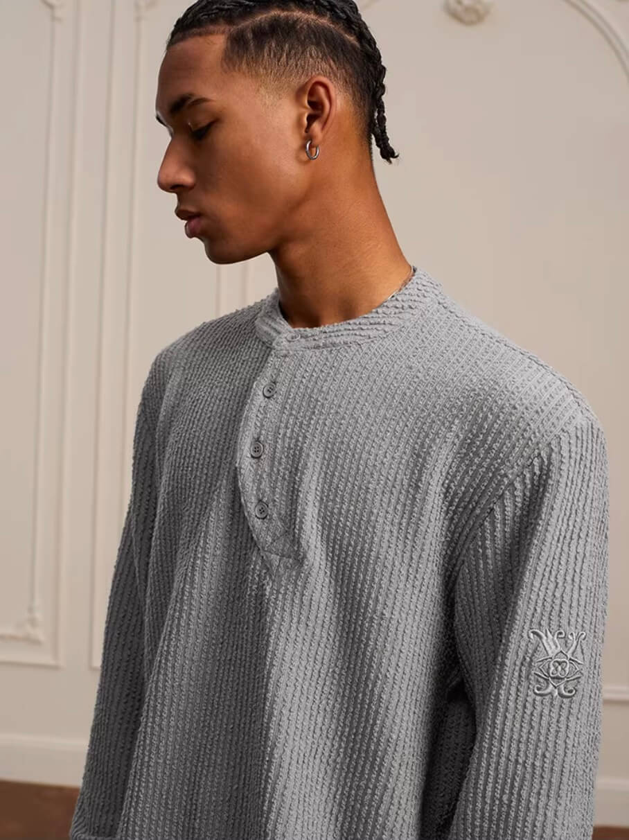 YADcrew Twisted Henley Pinstripe Long Sleeve Tee