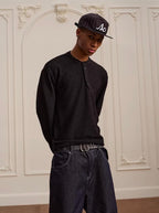 YADcrew Twisted Henley Pinstripe Long Sleeve Tee